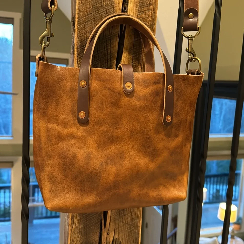 Go Forth Goods Avery Leather Tote Bag- Mini Crossbody- color: Peanut Bison - Picture 3 of 10